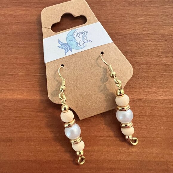 Arwen and Gwen Dangly Drop Earrings, Faux Pearl and Wood Beads, Gold Accents - Picture 2 of 2